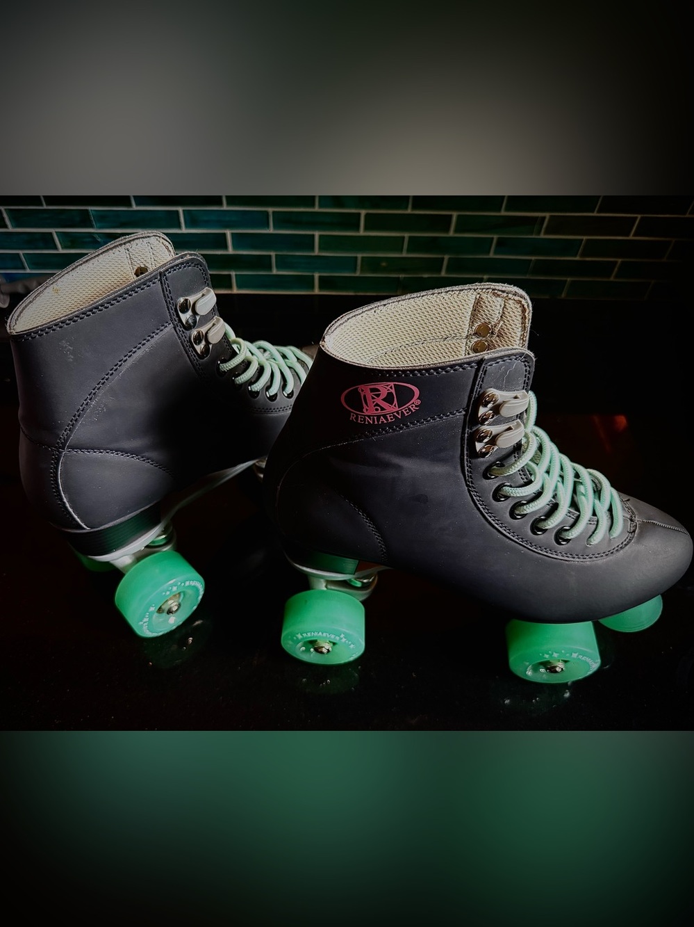 Women's Black Roller Skates with Mint Green Wheels